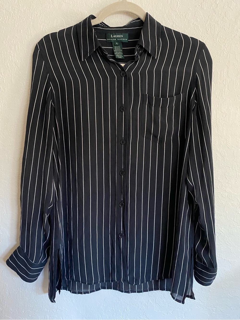 Lauren Ralph Lauren 100% Silk Black & White Pinstripe Button-Up Collared Shirt 4